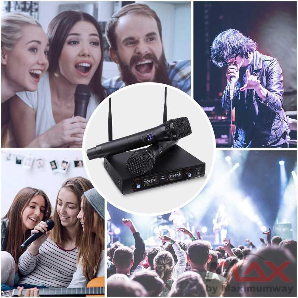 Mic Wireless Profesional UHF Fixed Frequency 2 Channels Wireless Microphone Professional System Dual Handheld Mic Long Range for Karaoke Stage Celebration Party KTV Karaoke Family Party Dual Professional VHF Wireless Micropon wireles Cordless Handheld