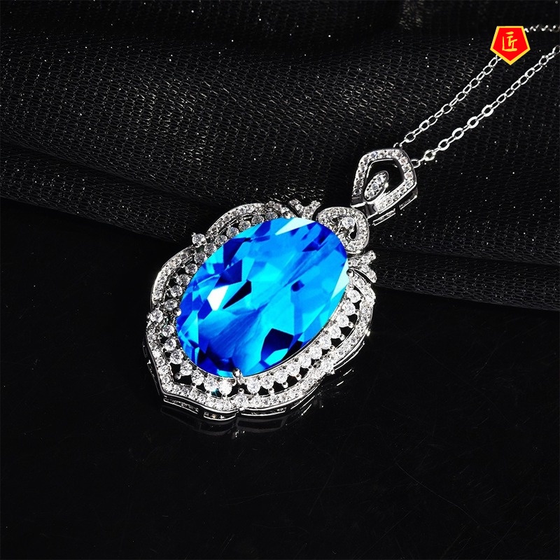 [Ready Stock]Inlaid Gem Pendant Blue Zircon Necklace Female Fashion Elegant