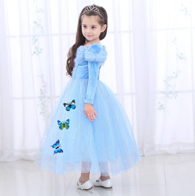 GA2671 PREMIUM CINDERELLA LONG SLEEVE DRESS PRINCESS CINDERELLA BIRU / GAUN PESTA HALLOWEEN ANAK