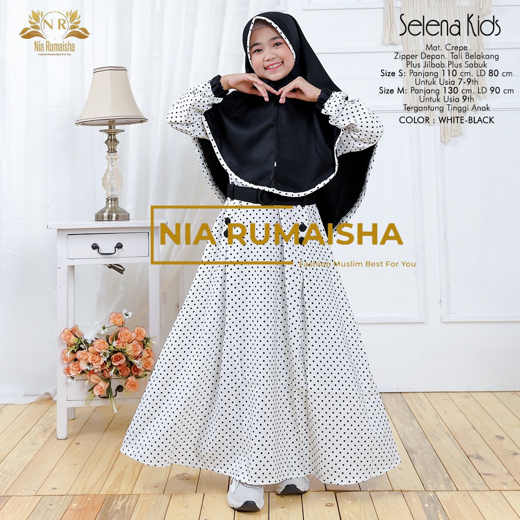 GAMIS KIDS SELENA KIDS PLUS HIJAB DAN SABUK  ORI BY NAURA/ GAMIS CREPE  LD 80 - 90 FOR  7 -9 TAHUN