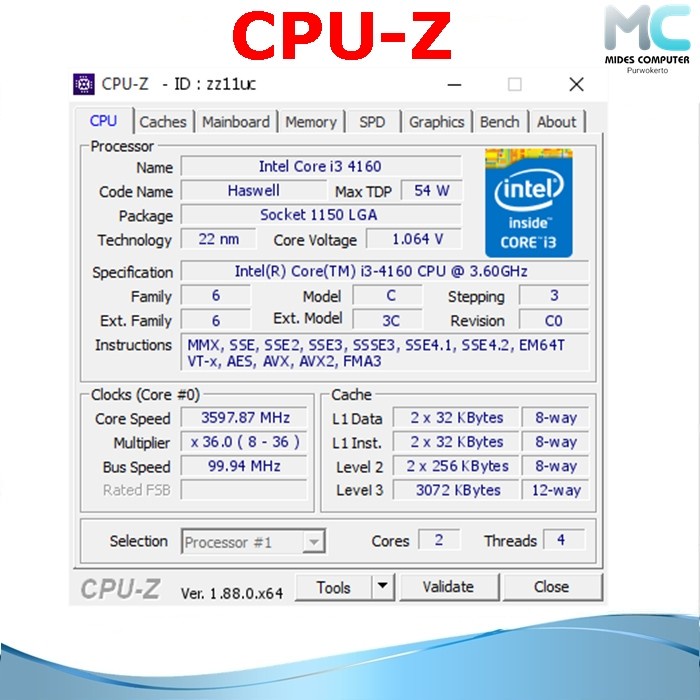 Processor Lga 1150 Core I3 4160 3.60 GHZ