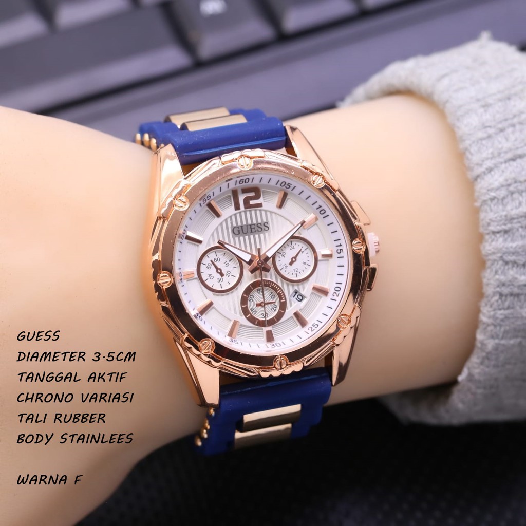 Jam Tangan Wanita/Cewek Guess Tali Rubber Tanggal Aktif Chrono Variasi