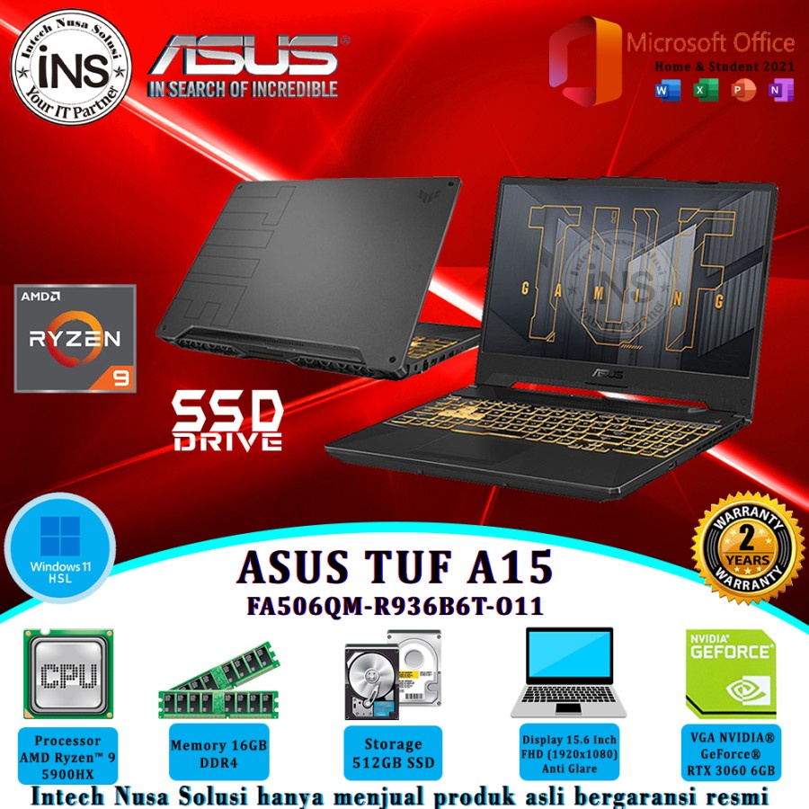 ASUS TUF A15 FA506QM Ryzen 9 5900HX 8GB 512GB SSD RTX3060 WIN11HSL OHS 21 2YR