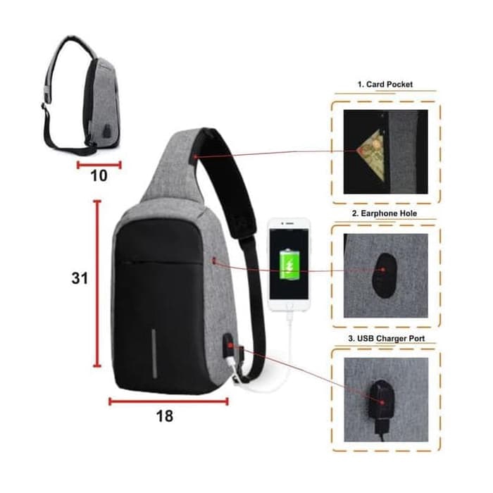 Tas Selempang Anti Maling / Anti Air Sling Bag + Port USB