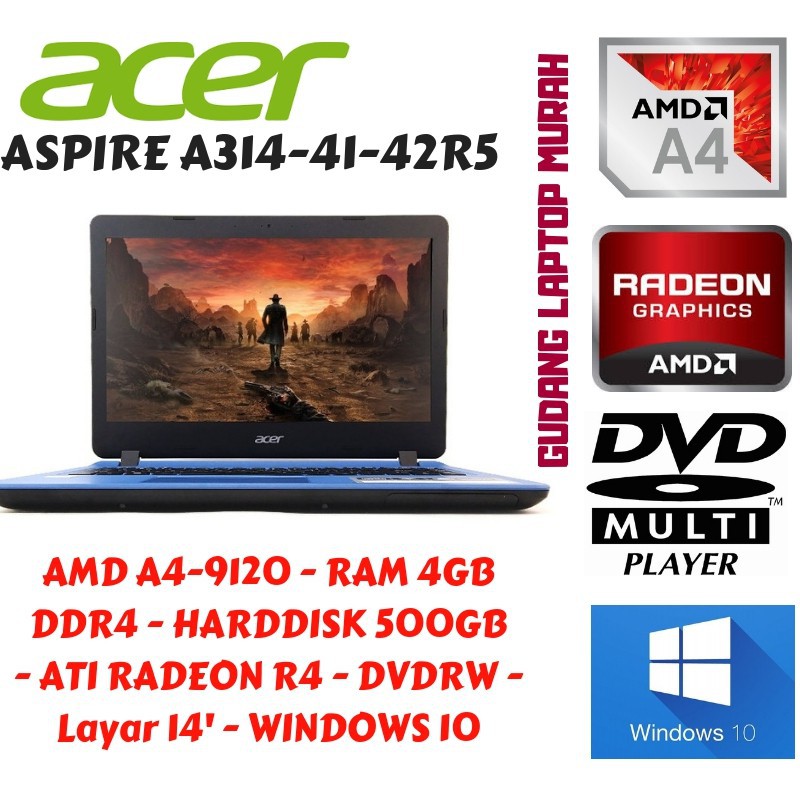 Laptop Acer Aspire3 A314-41 AMD A4-9120E/4GB/1TB/Dvd/Amd R3/14"/W10/Tas