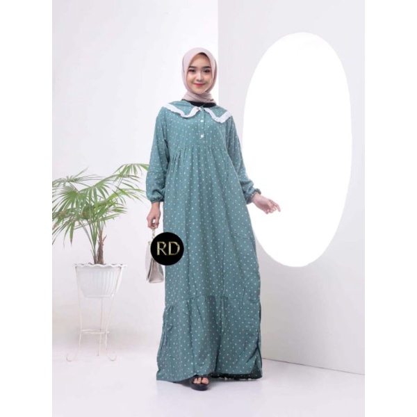 gamis muslimah terbaru poky dress bahan rayon super premium motif polka ld 110