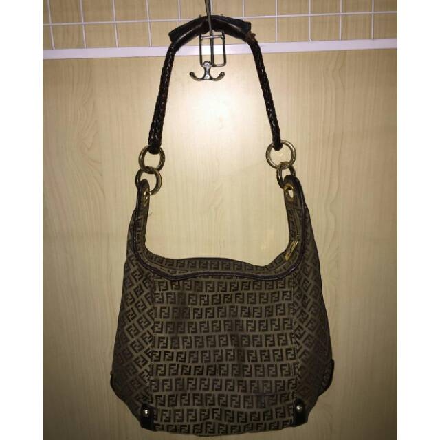 Fendi Beige Zucchino Canvas Large Braided Hobo