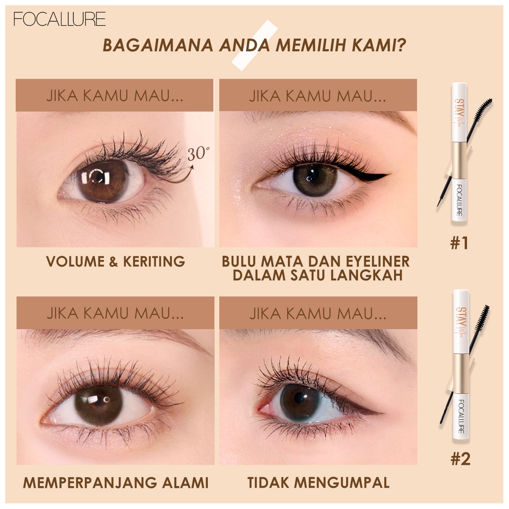 FOCALLURE Volumizing Mascara &amp; Waterproof eyeliner fiber eyelash primer 2 IN 1 mudah dibawa