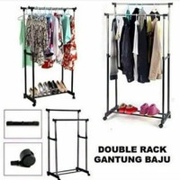 Rak Jemuran Baju double / Gantungan Baju / Rak Double Rod 2 Tiang + roda - Stainless steel