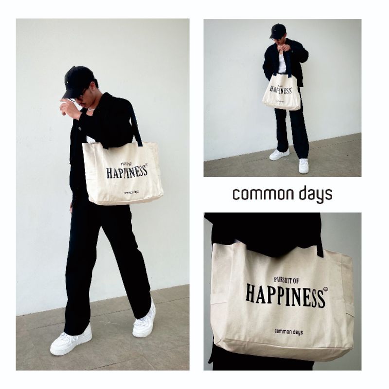 Pursuit of Happiness Totebag Webbing Katun / / Totebag Unisex / Tote Bag Aesthetic / Tote Bag Magnetic / Biru / Broken White / Korea / Vintage / Kuliah / Tebal / Premium