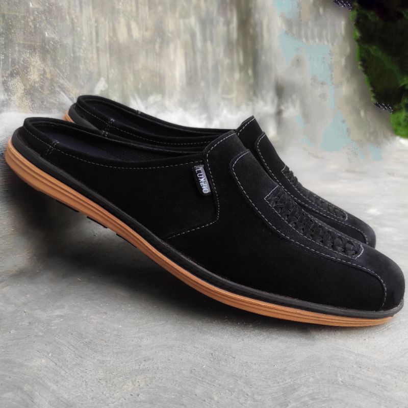 Bustong Slop Sepatu Sandal Selop Pria Kulit Sintetis Kasual Slip On Sol Karet Kerja Formal Kantoran