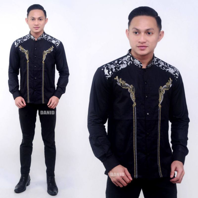 Kemeja Batik Pria Lengan Panjang Kerah Shanghai / Baju Batik Pria Kombinasi Bordir Murah