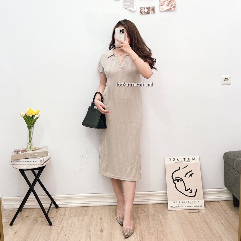 lookatmeofficial • Vivi Midi Knit Dress - Basic Casual Dress Kerah Polo Bahan Knit Premium