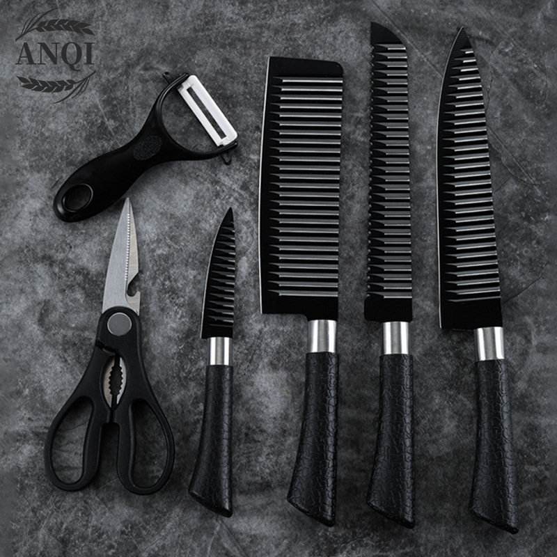 Pisau Dapur Hitam Set Isi 6pcs Black Knife Set Set 6 pcs Black Pemotong Gelombang Baja  Tahan Karat