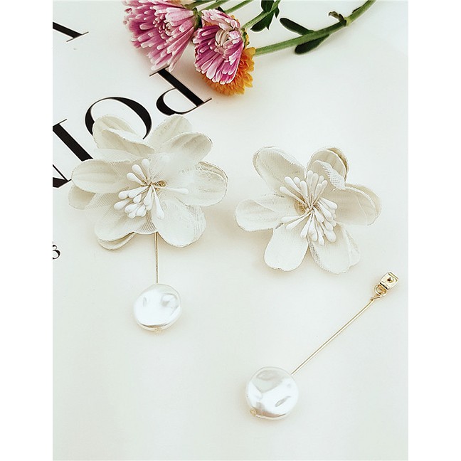LRC Anting Tusuk Fashion White Flower Pearl Tassel Earrings F49290