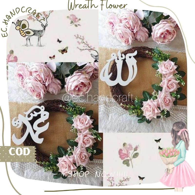 Hiasan Dinding Hiasan Pintu Wreath Flower Akar Tulisan Allah Muhammad Homedecor