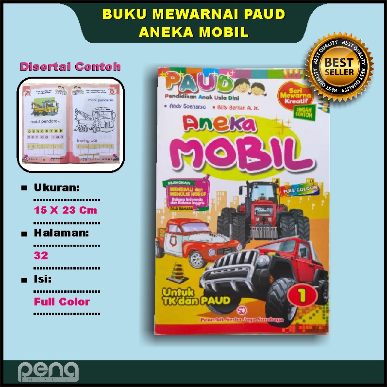 Buku Mewarnai Anak Paud Mewarna Kreatif Aneka Mobil Menebali dan Menulis Huruf Serba Jaya