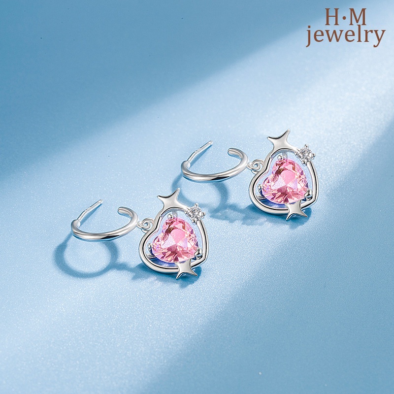 Anting Tusuk Bentuk Hati Aksen Berlian Imitasi Warna Pink Untuk Wanita