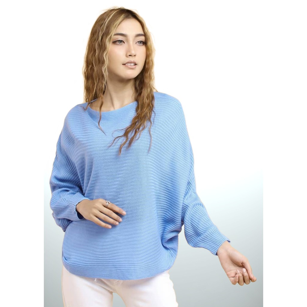 Atasan Rajut Jumbo Wanita Outerwear Blouse Batwing Oversize Lasperal Knit Prily Batwing Kalong Monochrome-SkyBlue