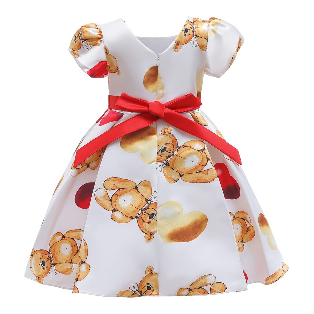 PRINCESS BEAR DRESS / DRES GAUN PESTA ANAK PEREMPUAN MOTIF BONEKA BERUANG PUTIH NUDE KOREA IMPOR