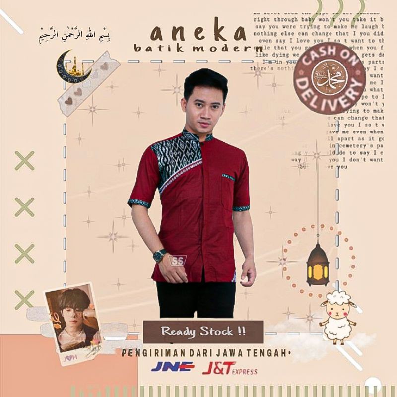 ATASAN BAJU KOKO KOMBINASI BATIK WARNA MERAH MATOON SILVER ABU LENGAN PENDEK LEBARAN KONDANGAN KERJA