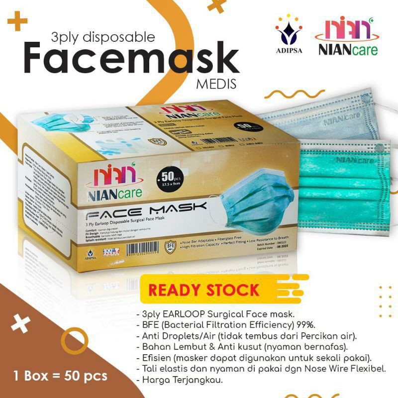 COD - MASKER MEDIS NIAN CARE - FACE MASK 3 PLY BAHAN LEMBUT DAN HALUS - TALI KUAT DAN NYAMAN