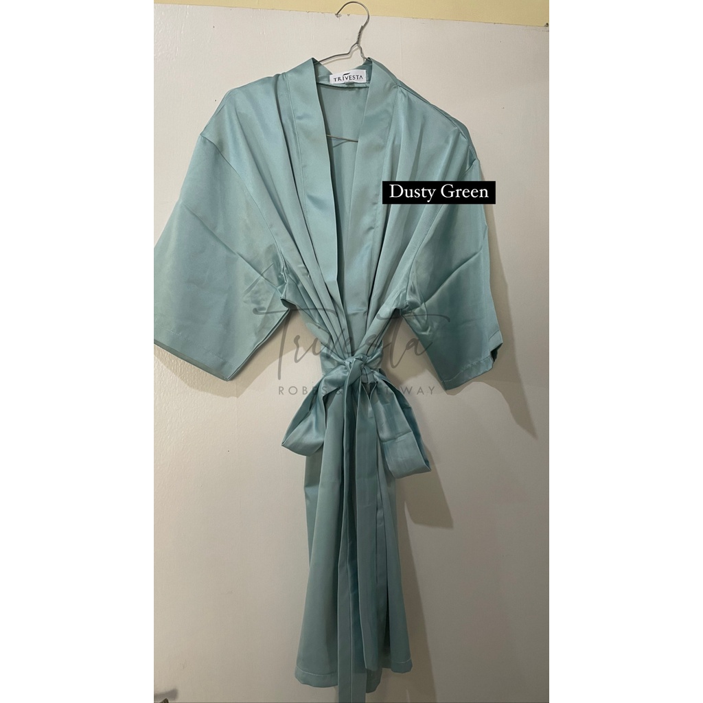 Trivesta Robes - Basic Robe Dusty Green - Kimono Robe Bridesmaid Satin + Free Bordir (Tulisan Bebas Bisa Nama)