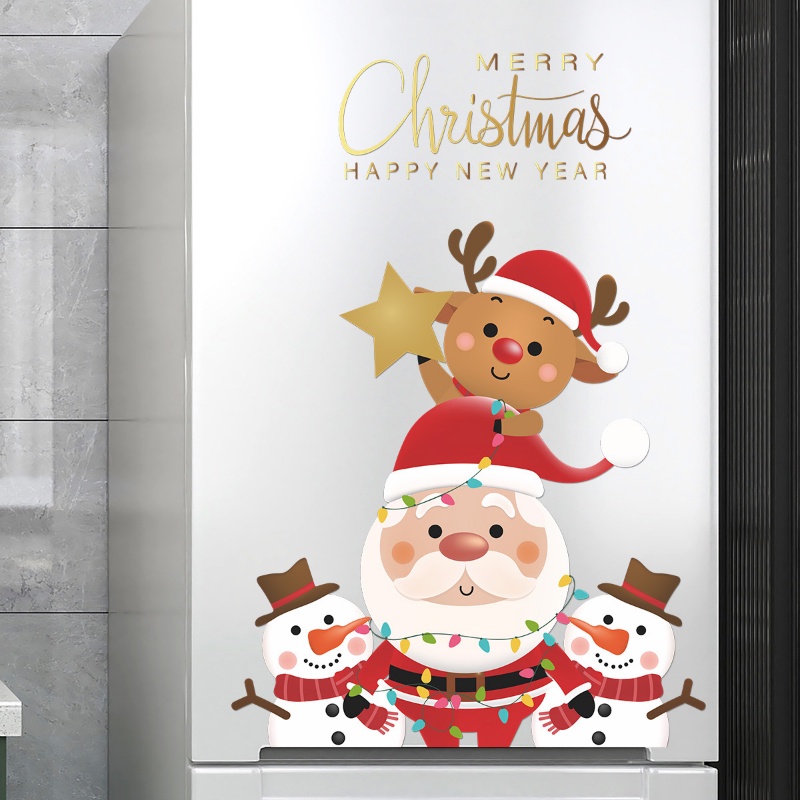 Stiker Dinding Decal Desain Kartun Santa Claus Snowman Bahan PVC Untuk Dekorasi Natal