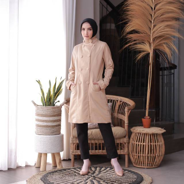 LONG COAT WANITA REYSOTIC CREAM - Jaket Panjang Cewek Cream Casual Hijaber Korea Style Fleece Winter