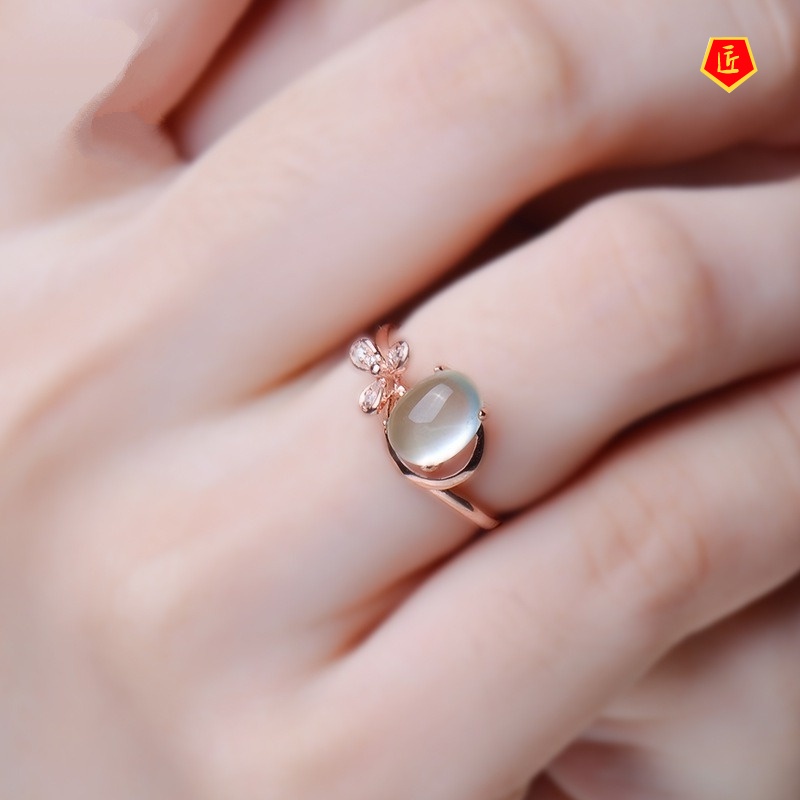 [Ready Stock]Pink Crystal Prehnite Ring Rose Gold Three Petals Flower