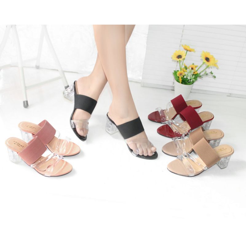 Sandal Heels Wanita Hak Kaca 5 Cm Mika Tali Dua Karet Lentur Sendal Hak Tali Cewe KC02