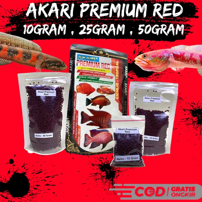PELET IKAN AKARI PREMIUM RED REPACK 10gram 25gram 50gram pakan progress treatment channa maru ys yel