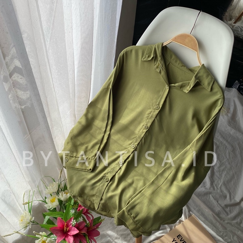 KEMEJA BASIC KONINA BAHAN RAYON | KEMEJA BLOUSE WANITA BAHAN ADEM FULL KANCING-Sage Konina