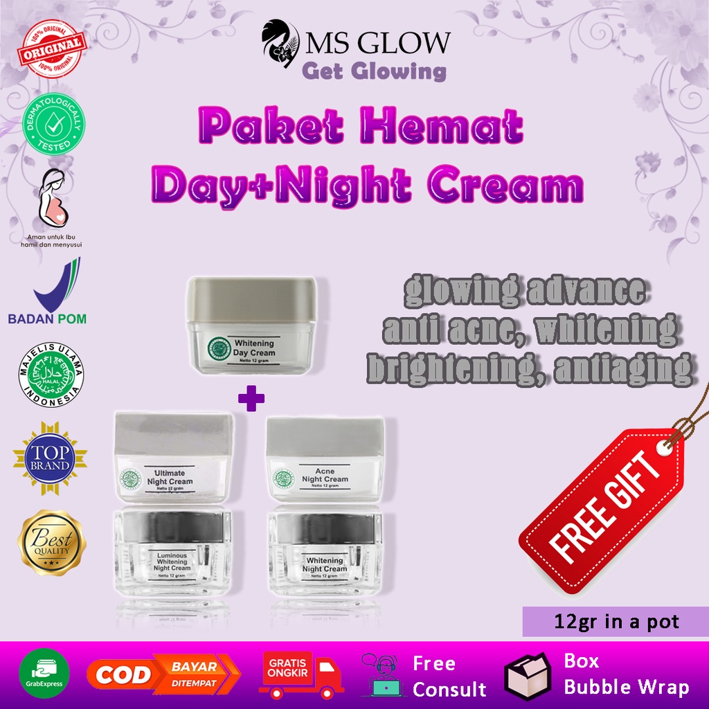 Paket skincare perawatan wajah day night cream krim siang pagi malam MS Glow original ori bpom untuk