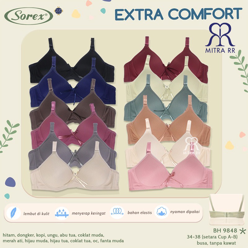 BH Sorex 9848 Extra Comfort Bra Busa Tanpa Kawat Kait 2 Cup Kecil Setara Cup A Polos Original