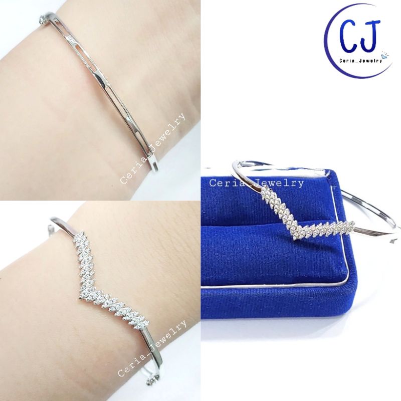 Gelang Perak Asli Silver Wanita 925 Lapis Emas Putih Model Bangle Oval Fuji Permata Full Kaku - Perhiasan Perak Wanita Asli