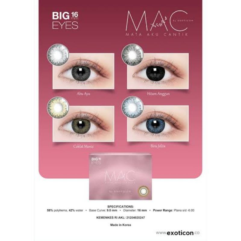 Mac by Exoticon X2 / softlens Mac/ Soflen X2 /Normal/minus / kacamata/ Softlens besar