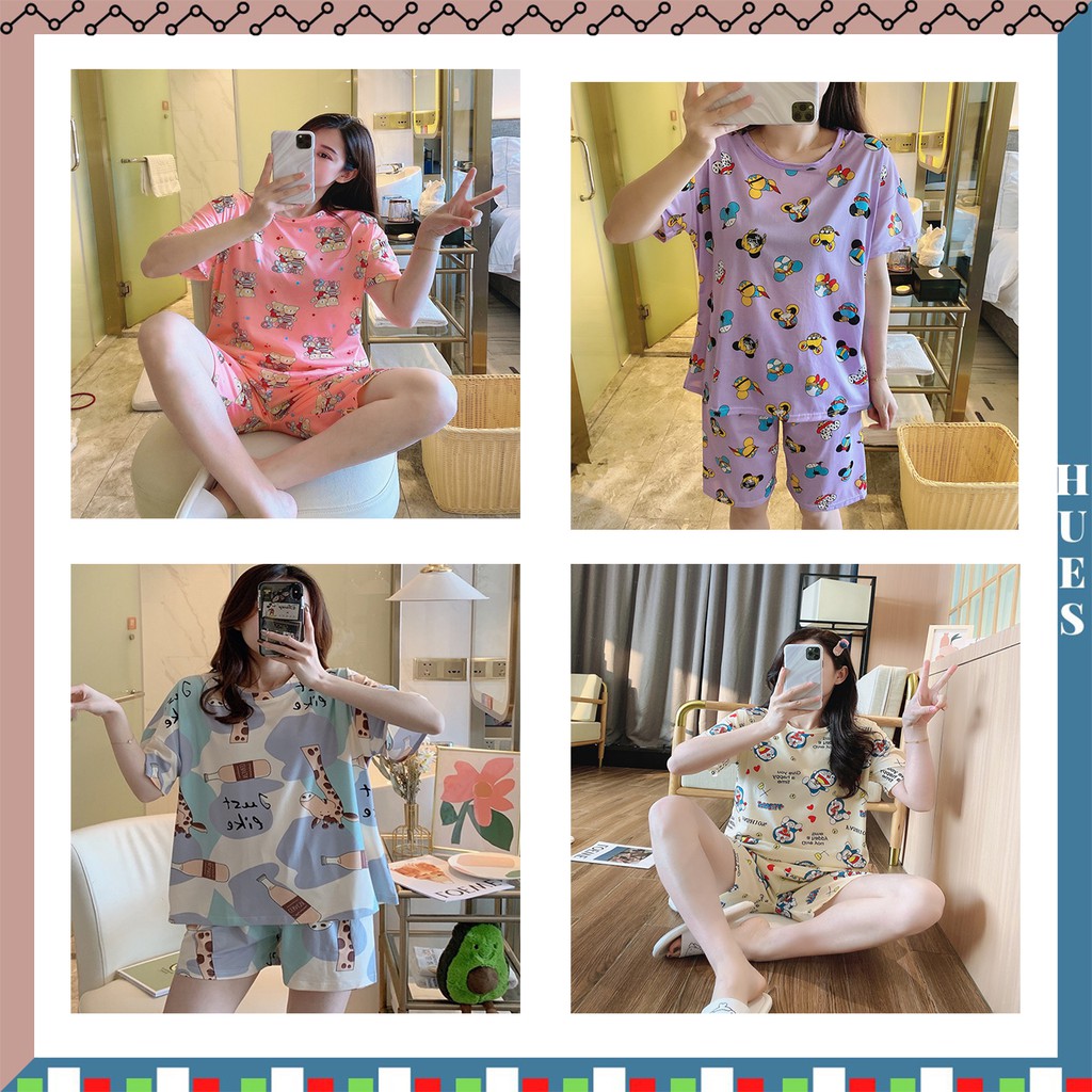 Hues.id Pakaian Wanita Baju Tidur Wanita Piyama Lengan Pendek Import Motif Kartun Fit to XXL 4019 -2