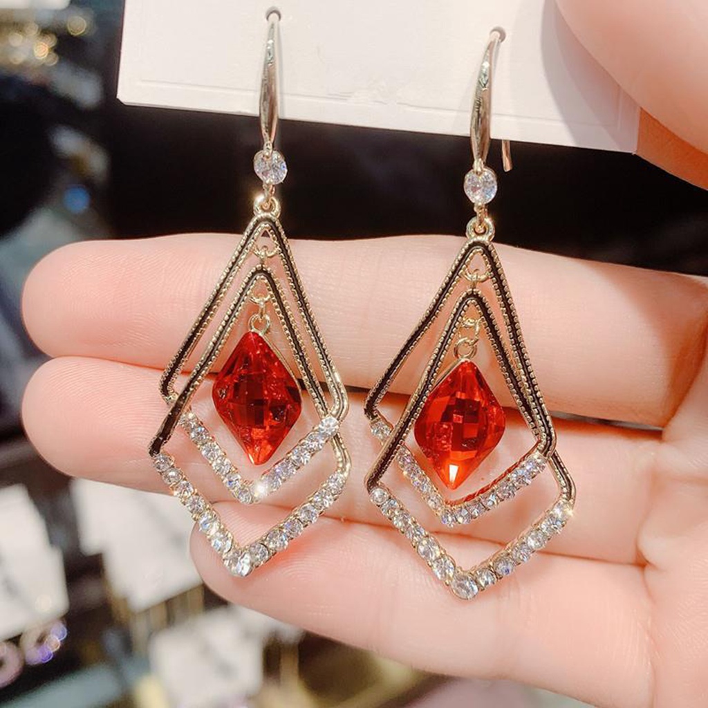 Hu Hu Hu Hu Hu Alat Bantu Pasang Kacamata♡ 1 Pasang Anting Kait Bentuk Belah Ketupat Lapisan Ganda Aksen Berlian Imitasi Berkilau Untuk Wanita