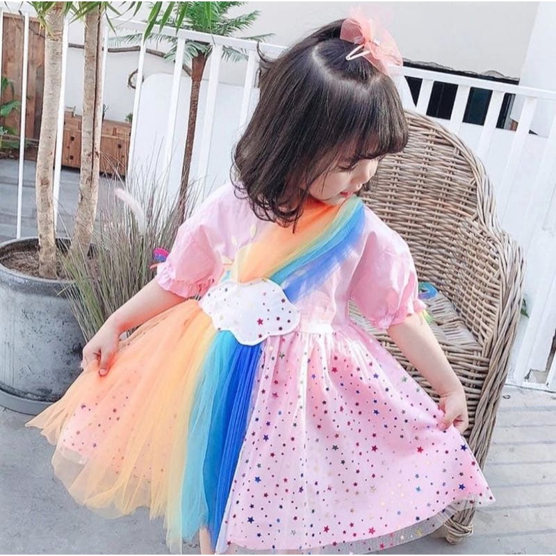 Gaun UNICORN anak perempuan IMPORT dress RAINBOW gaun pesta ulang tahun dress MEWAH