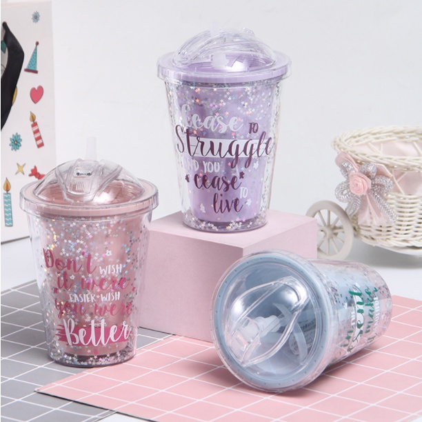 Barnik88 Botol Minum Unik Full Glitter Tumbler Cups Blink Gelas Minum Air Sedotan 450ml Botol Minum