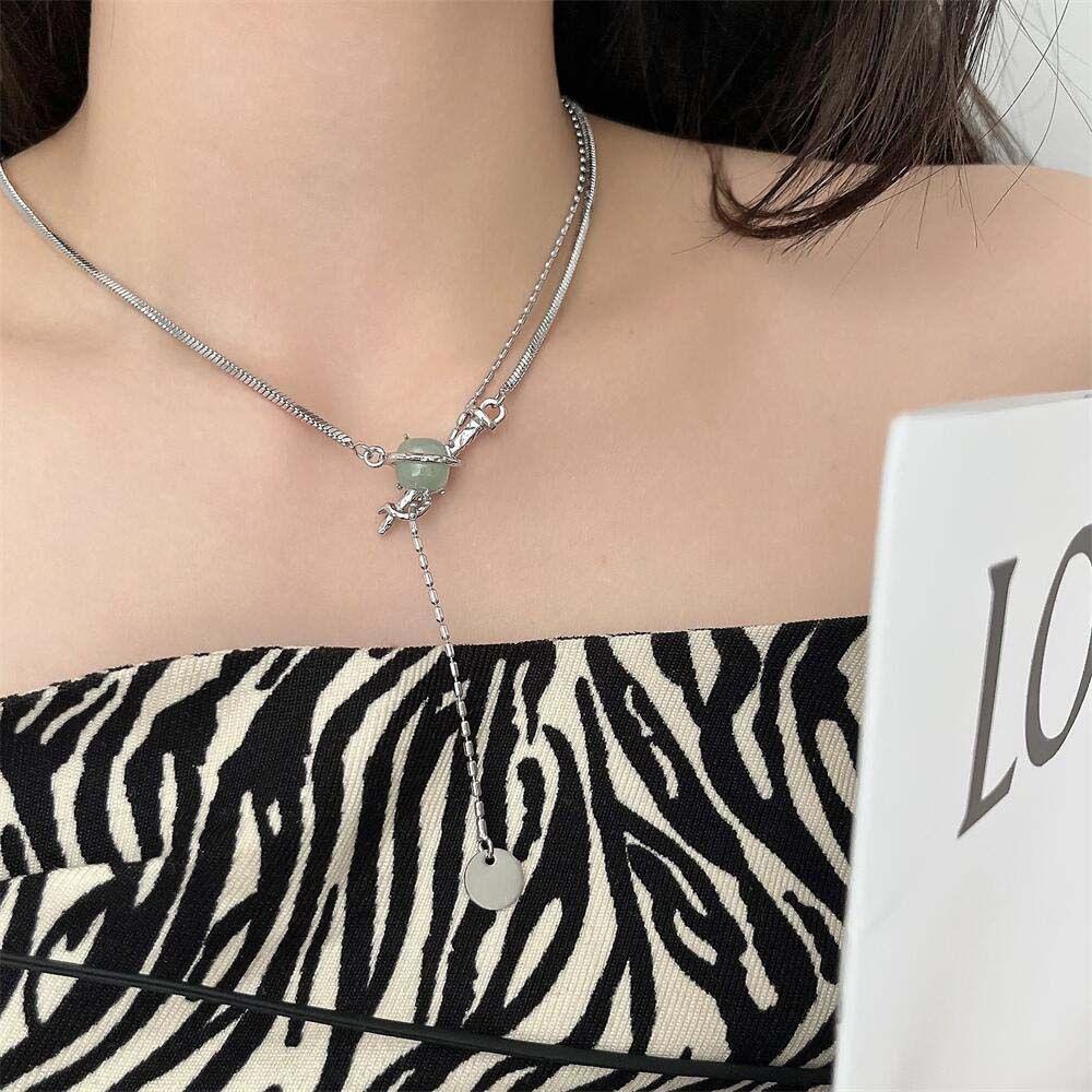 Mxbeauty Wanita Splicing Kalung Elegan Choker Giok Liontin Gaya Etnik Bahan Titanium Steel Tulang Ular Rantai Klavikula Chain