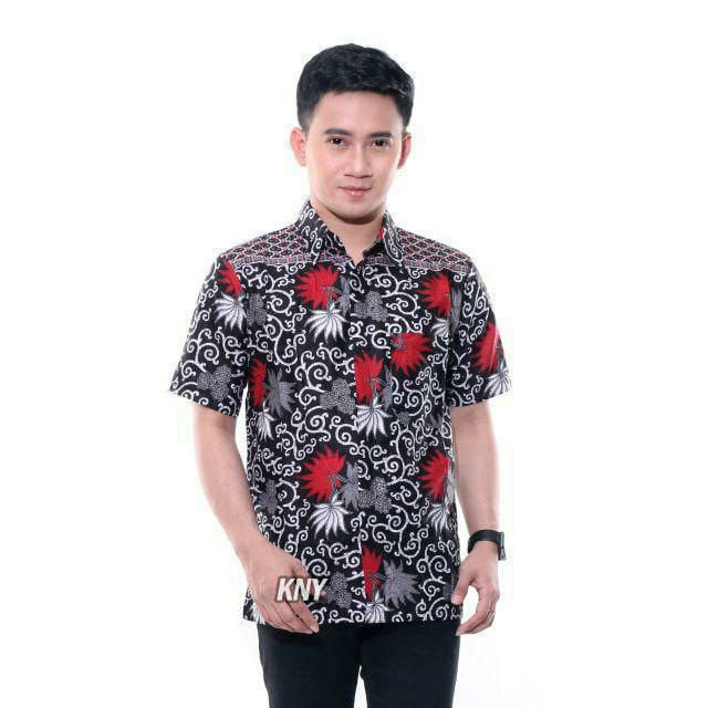 Kemeja Batik Pria Lengan Pendek Bahan Katun Motif Kembang Langit