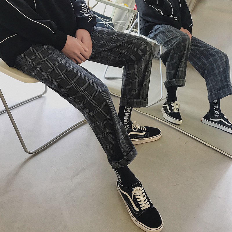  Celana  Panjang Longgar Casual  Gaya Korea Motif  Kotak  Kotak  