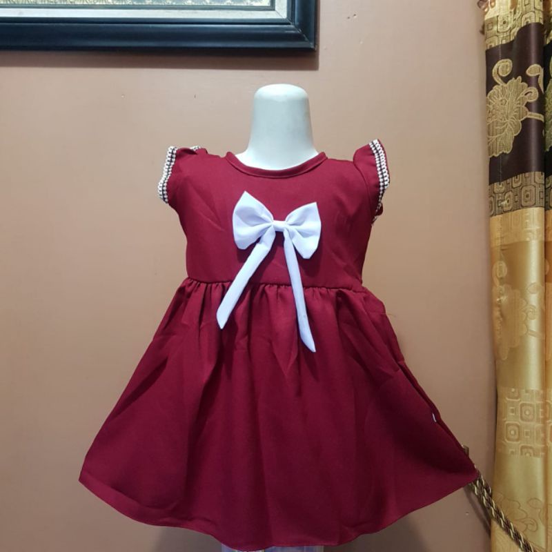 Dress Anak 1 2 tahun moscrepe baju anak perepuam cewek Fatonah Shop pita karang( dress moscrepe pitakarang )