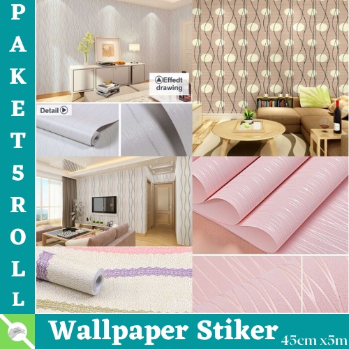 TERMURAH Paket Wallpaper 5ROLL Wallpaper Stiker Dinding / Stiker Dinding Anti Air / Walpaper Dinding Kamar Tidur Ruang Tamu Premium High Quality Motif Salur Ulir 3D ( BUY 4 GET 1 FREE )