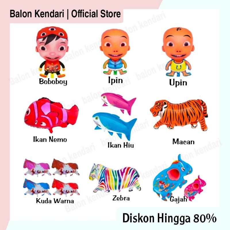 (1 Pcs) Balon Gas Karakter Foil Kartun / Upin Ipin Boboboy Macan ikan kuda zebra