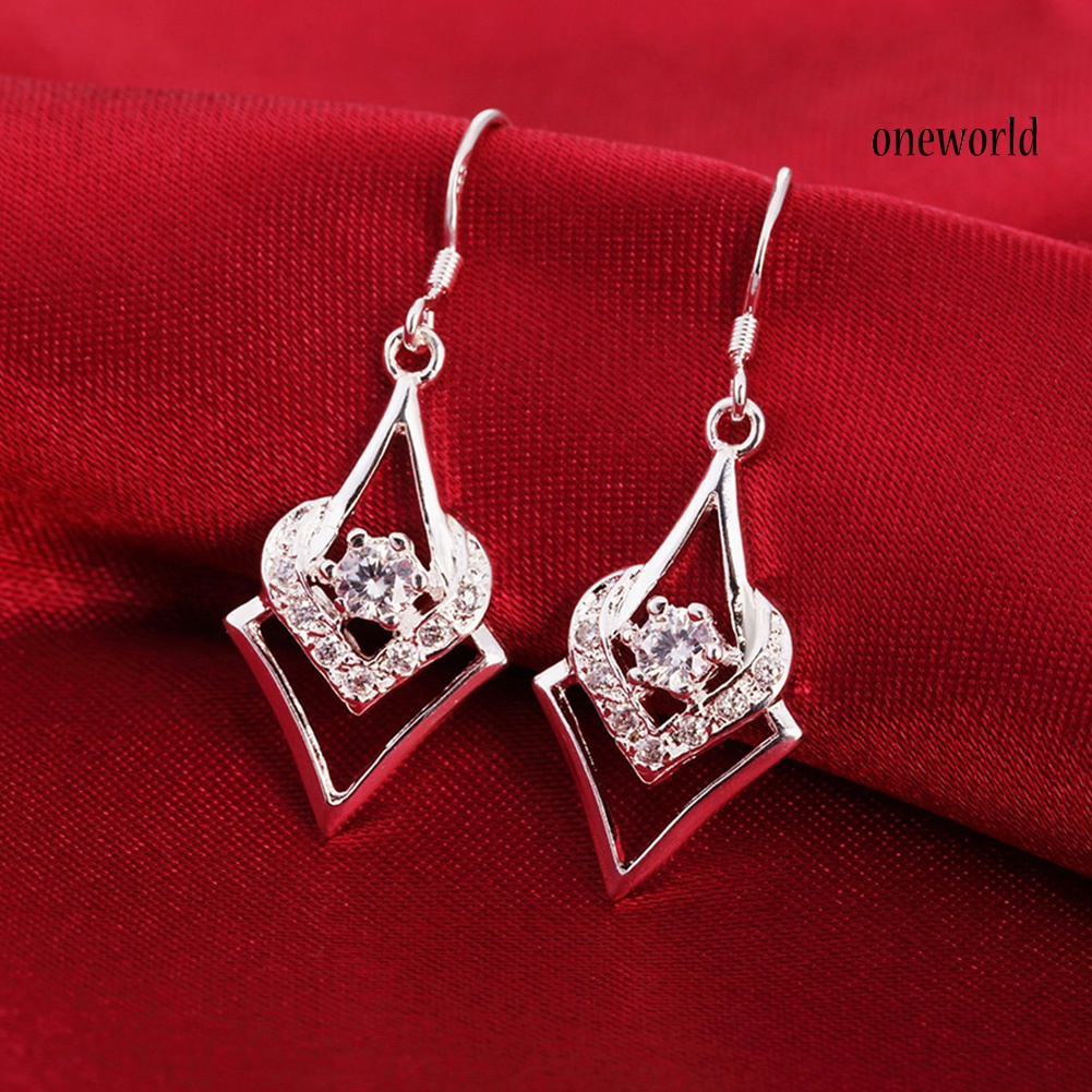 OW@ Women Silver Plated Hook Dangle Earrings Square with Zircon Heart Eardrops