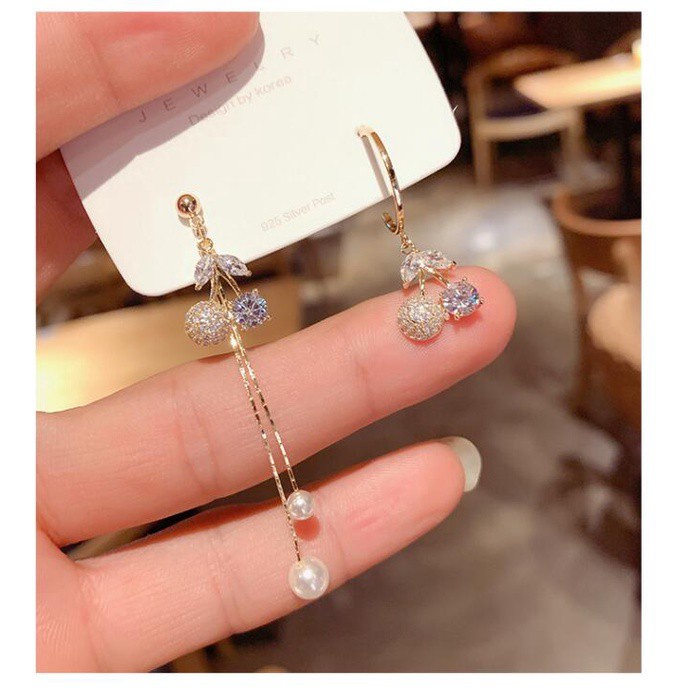 Anting Tusuk Gantung Bahan Sterling Silver 925 Desain Buah Ceri Hias Zircon Gaya Korea Untuk Wanita