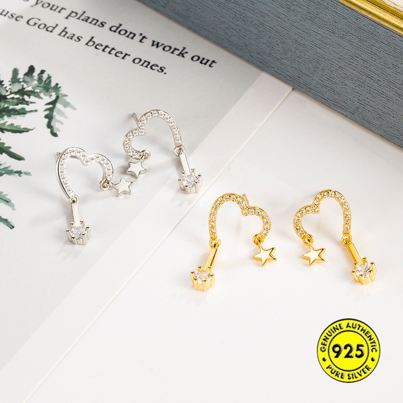 Anting Desain Hati Bintang Bahan Sterling Silver Lapis Emas 18K Aksen Berlian Untuk Wanita